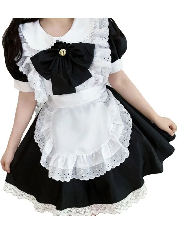 Lolita Lace-up Bubble Sleeve Peter Pan Collar Bowknot Ruffled Mini Maid Dress 