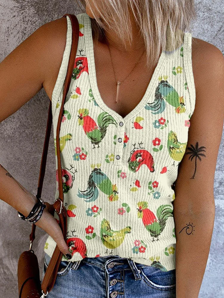 Comstylish Homestead Chickens & Flowers Pattern Button Up Tank Top