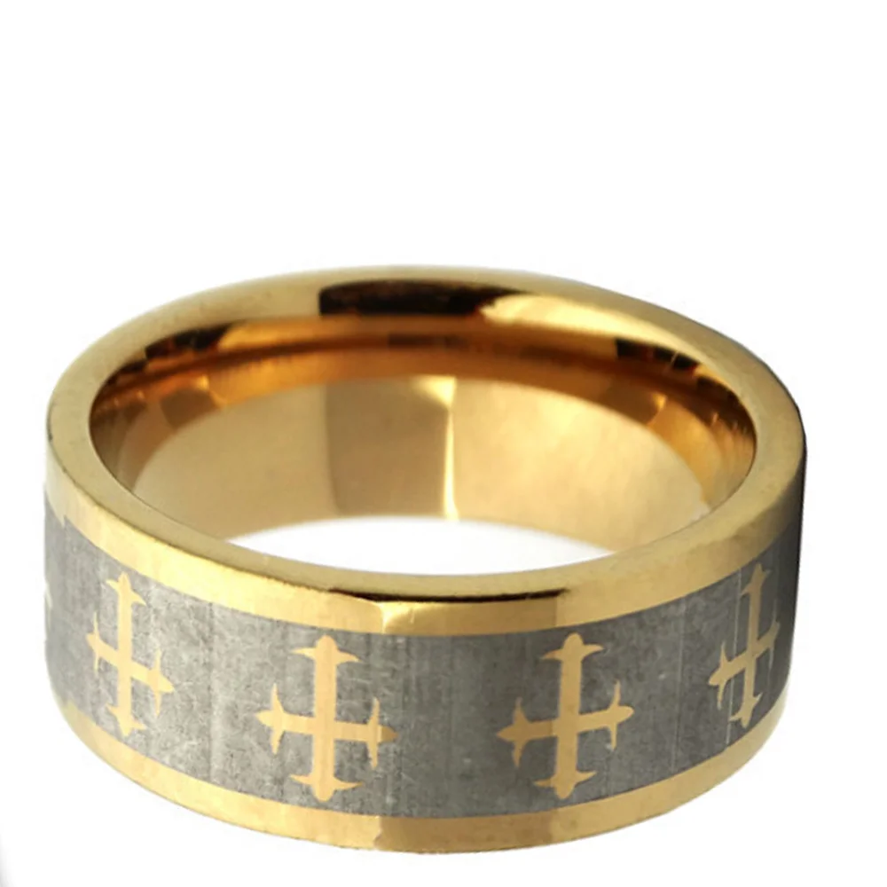 Mens 8MM Tungsten Carbide Rings Cross Laser Gold Wedding Bands