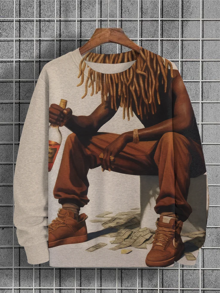 Men's Black Man With Dreadlocks Drinking Wine And Dollars Print Casual Sweatshirt