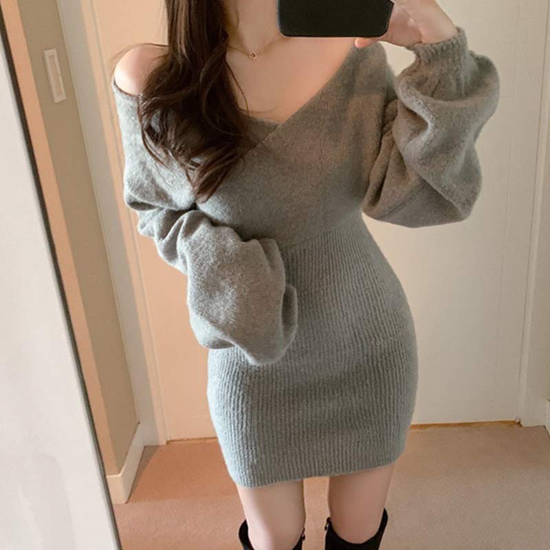 Chic V-neck Pure Color Textured Sweater Dress