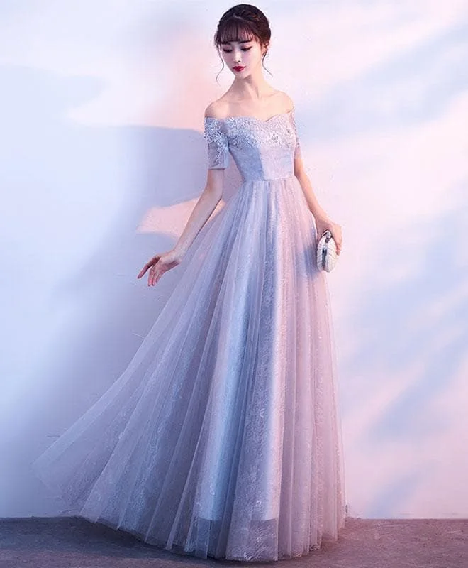 Gray Tulle Lace Off Shoulder Long Prom Dress, Gray Evening Dress