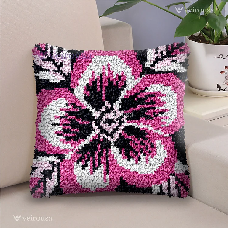 Pink, White & Black Flower Latch Hook Pillow Kit for Adult, Beginner and Kid veirousa