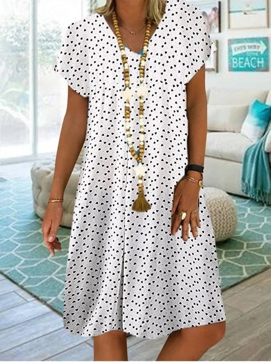 Plus Size V-neck Polka Dot Heart Shape Printed Plus Size Dress VangoghDress