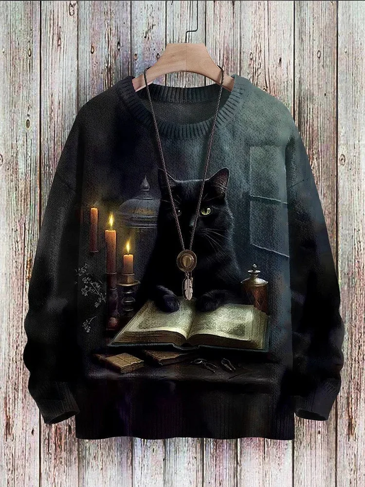Men's Halloween Cat Art Graphic Print Knit Pull Over Sweater