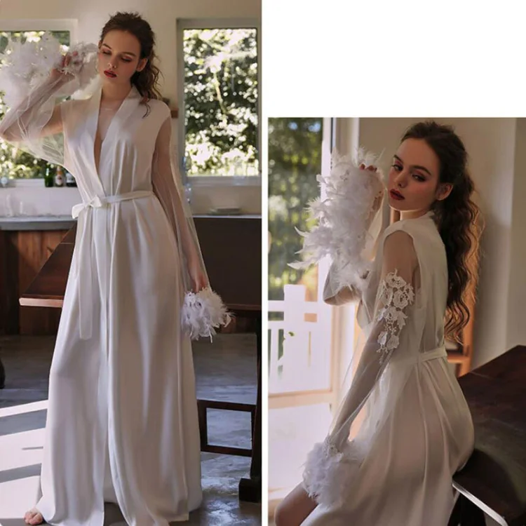 Long Bride Robe Wedding Pijama White Bathrobe Female Sexy Sleepwear Women Mesh And Feather Cuffs Homewear Embroidery Lace FG394