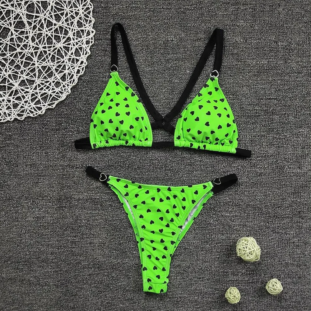 Sexy Neon Love Print String Slide Triangle Brazilian Two Piece Bikini Swimsuit
