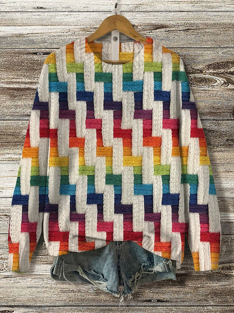 Women's Colorful Wool Crochet Art Print Knit Sweatshirt