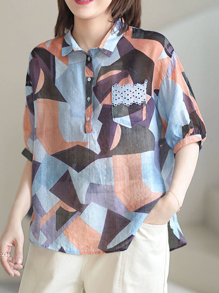 Color Block Lapel Button Pocket Loose Half Sleeve Print Blouse P1857555
