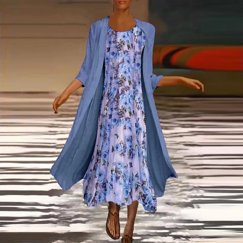 Two-Piece Elegant Printed O-Neck Sleeveless Fashionable Midi Dress