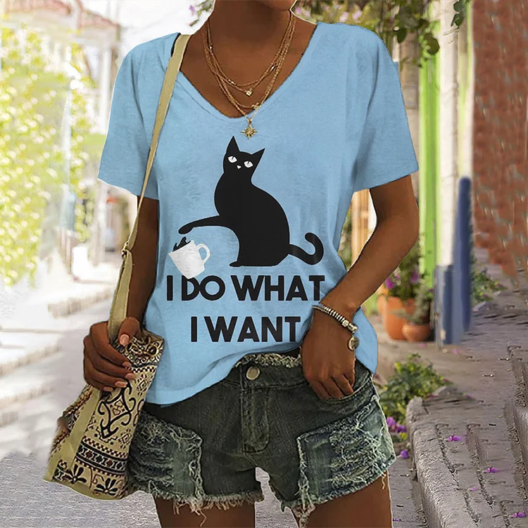 Vefave Casual Fun Cat Print Short Sleeve T-Shirt