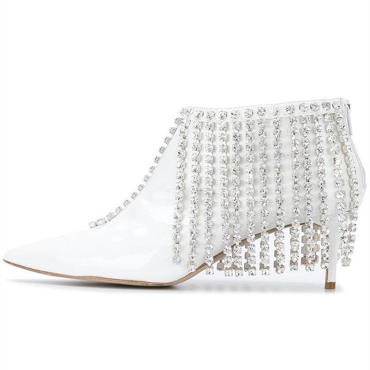 White Rhinestone Fringe Ankle Booties Pointy Toe Kitten Heels Boots |FSJ Shoes