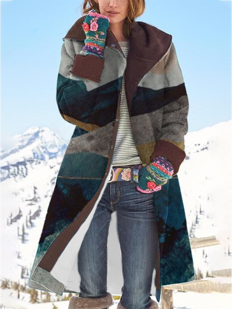 Landscape Print Button Long Sleeve Hooded Woolen Coat