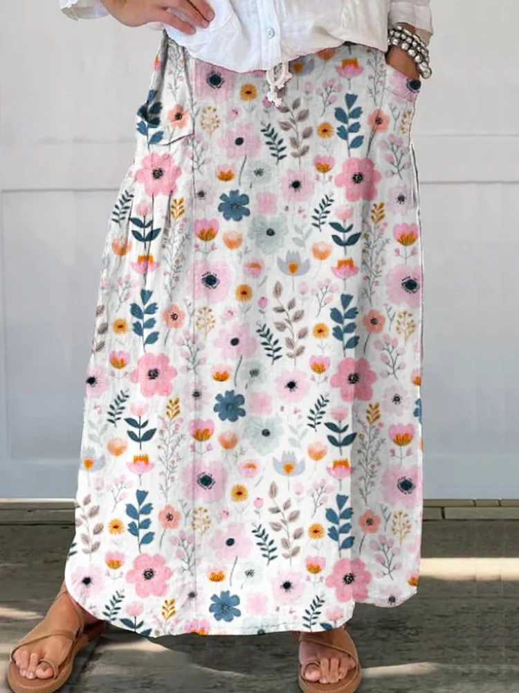 Comstylish Watercolor Floral Print Linen Pocket Half Skirt