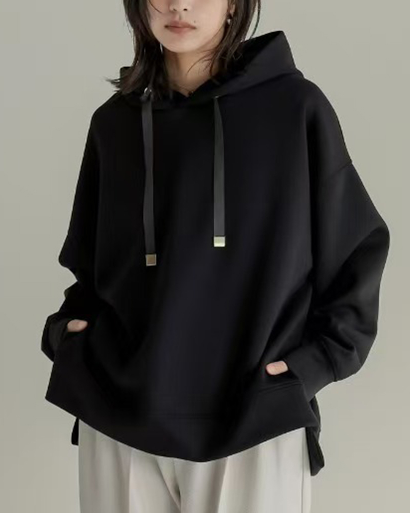 Long Sleeve Solid Color Loose Drawstring Hoodie