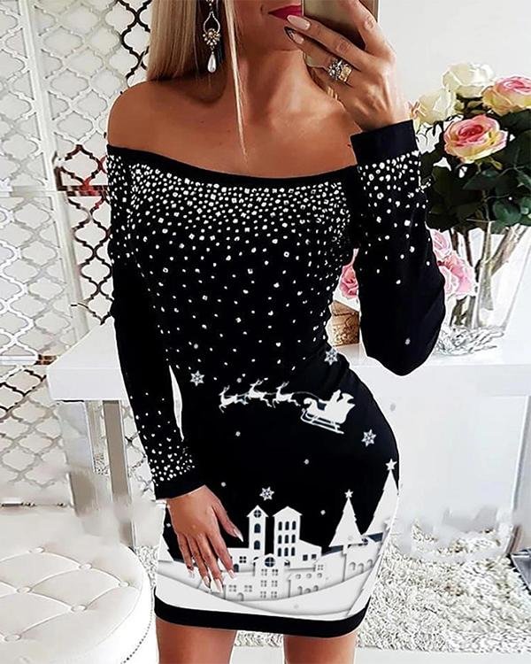 Women's Christmas Off Shoulder Bodycon Long Sleeve Mini Dress