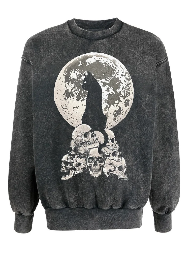 Men's Halloween Black Cat Moon Skulls Print Sweatshirt