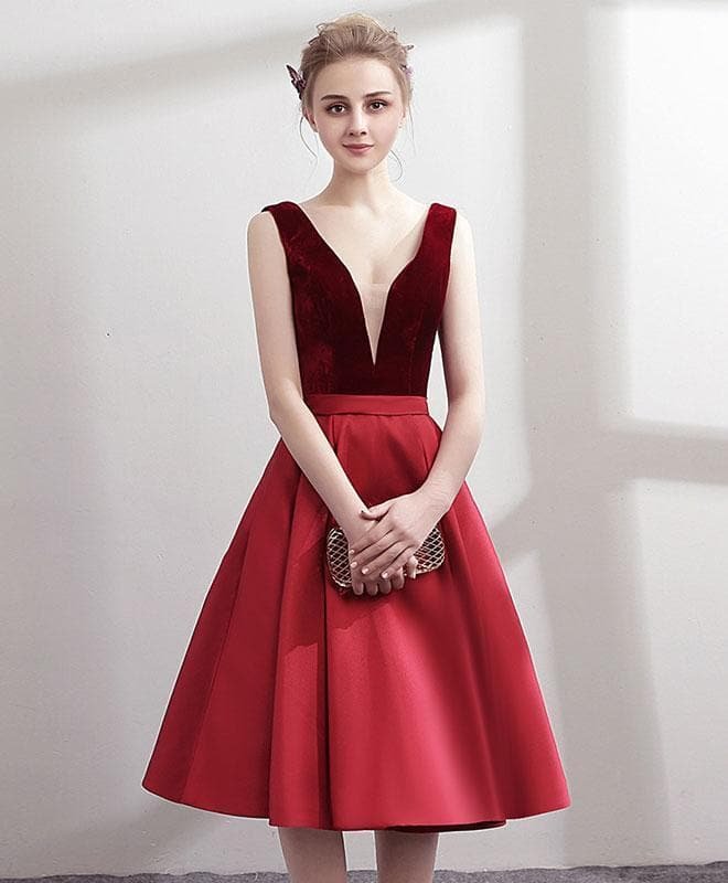 Simple V Neck Burgundy Satin Short Prom Dress, Burgundy Homecoming Dress
