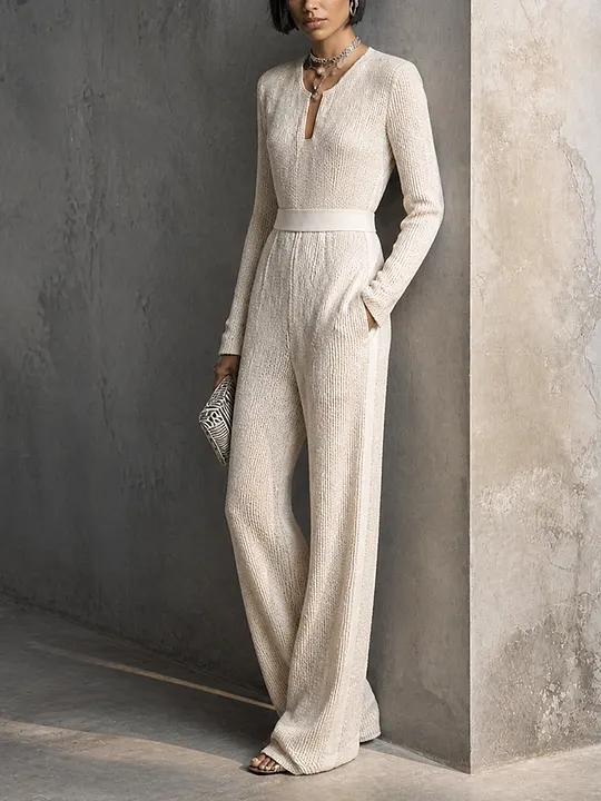 Women's Textured Minimalist Knit V-Neck Long Sleeve Wide Leg Jumpsuit MD