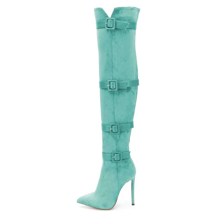 Turquoise Buckle boots Pointy Toe Stiletto Heel Vegan Suede Long Boots |FSJ Shoes