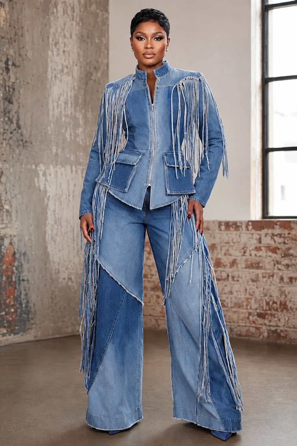 Fringe Stand Collar Jacket Wide Leg Pants Denim 2pcs Set-Blue [Pre