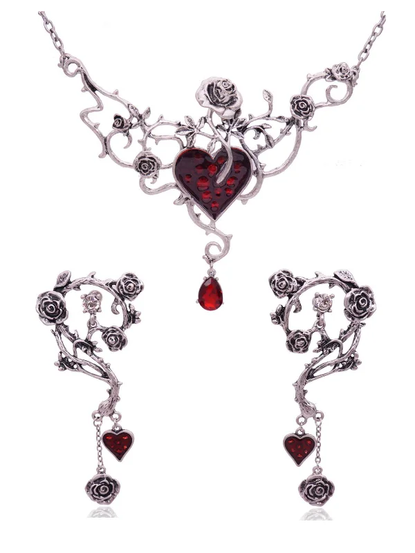 Vintage Dark Goth Rose Heart Pattern Necklace with Crystal Pendant + Rose Pendants Earrings