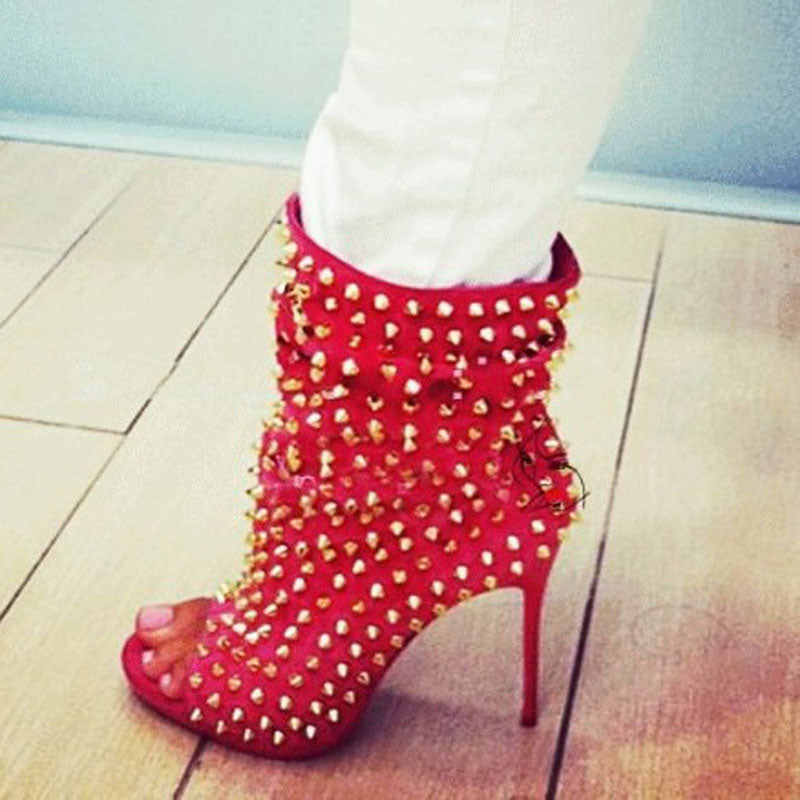 VCSHOES Bright Color Rivet Peep Toe Ankle Boots