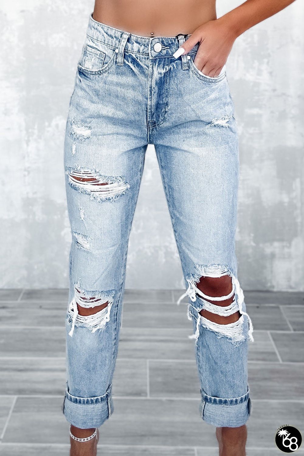 Blue Light Wash Frayed Slim Fit High Waist Jeans | 168DEAL