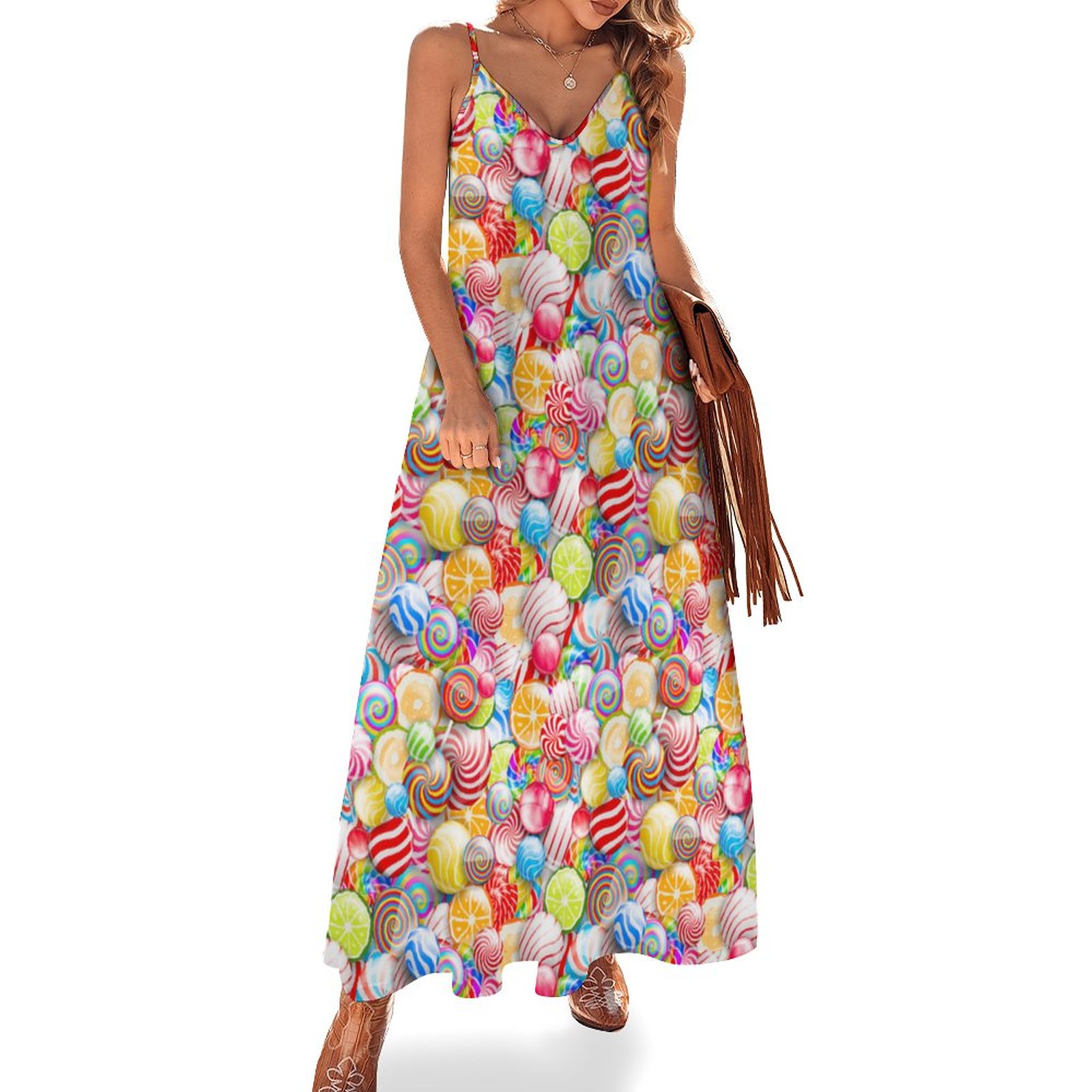 Red Pink Rainbow Colorful Candy Women's Casual Strappy V Neck Sleeveless Flowy Loose Long Maxi Beach Dress Sundress Red & Pink-M