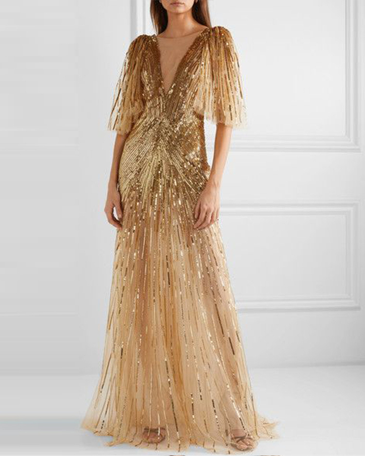 V Neck Rhinestone Mesh Maxi Dress main image 0