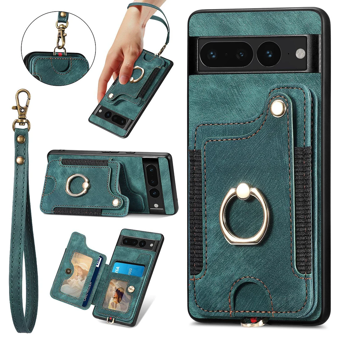 Luxury Retro Leather Phone Case With Elastic 3 Cards Wallet,Ring,Kickstand And Detachable Lanyard For Google Pixel 6/6A/6 Pro/7/7A/7 Pro/8/8 Pro