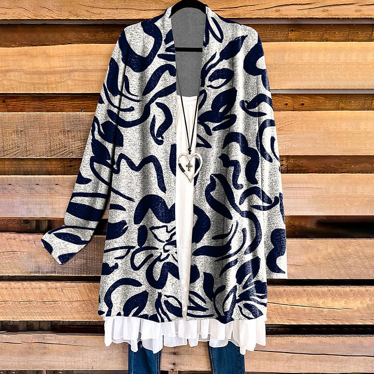 Vefave Abstract Floral Print Casual Cardigan