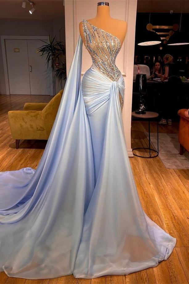 Dresseswow Baby Blue One Shoulder Evening Gown Mermaid Ruffles Long With Sequins Beads