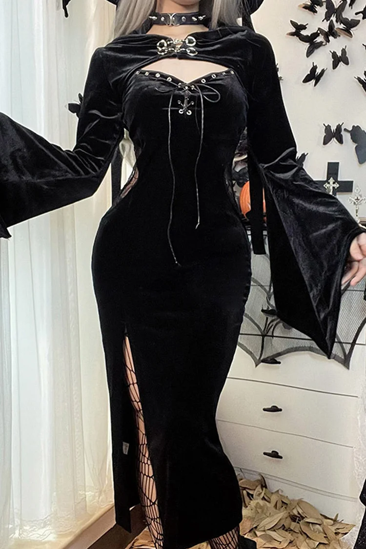 Gothic Black Halloween Velvet Lace Up Split Flare Sleeve Hooded Midi Dress