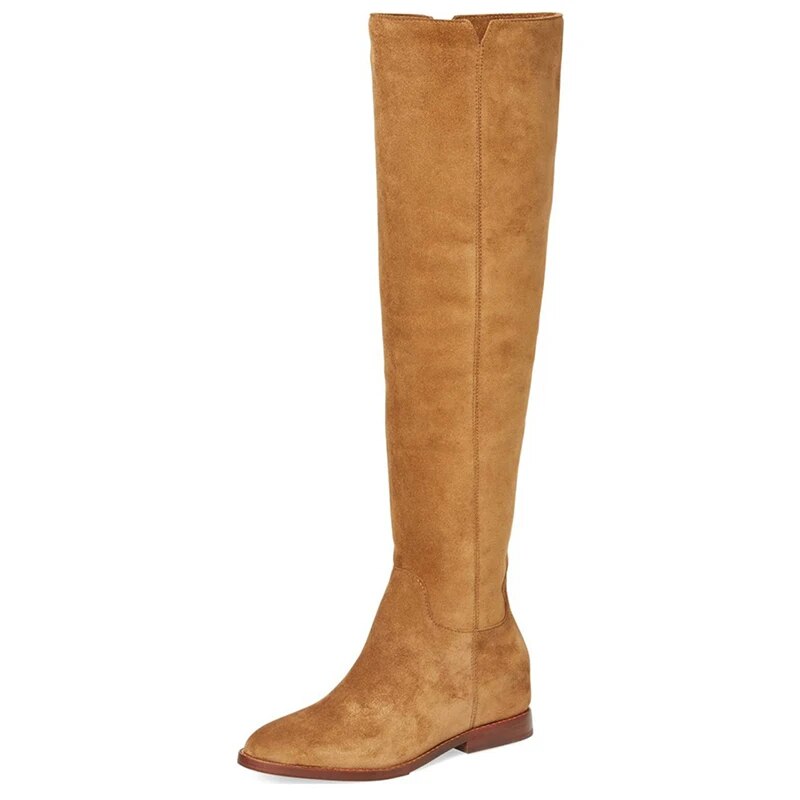 TAAFO Sepia Suede High Boots Vintage Point-Toe Flats And Knee Boots 