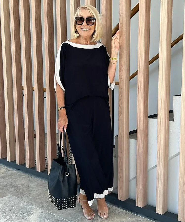 Three-Quarter Sleeve Black and White Stitching JUMPSUITS Two-Piece Set
