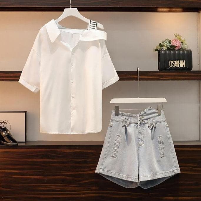 Cute Casual Irregular of the Shoulder White Shirt and Denim Shorts Set SP16661