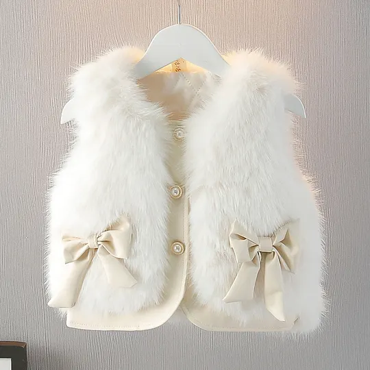 【18M-6Y】Girls Thick Faux Fur Bow Vest Coat