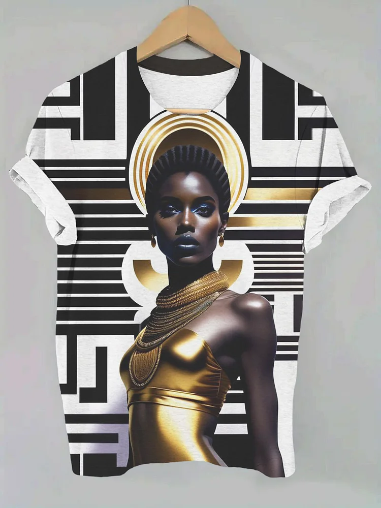 Women's Black Woman Geometric Print Casual T-Shirt