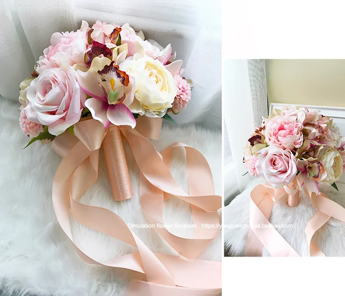 Bridal bouquet Korean bridal bouquet emulational rose flower wedding photography props wedding decoration champagne 花海阁花艺设计中心 ldooo