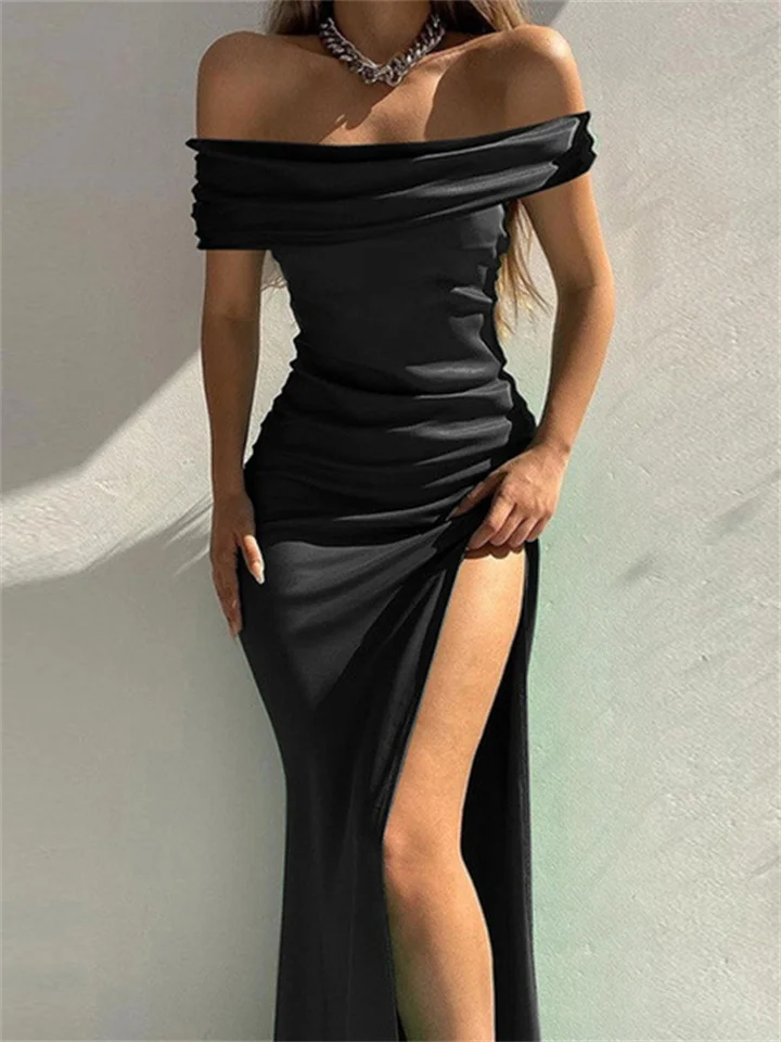 Women's Party Dress Satin Midi Dress Green Black Blue Wine Sleeveless Pure Color Split Ruched Spring Summer Off Shoulder Party Party 2022 S M L XL XXL 3XL-JRSEE