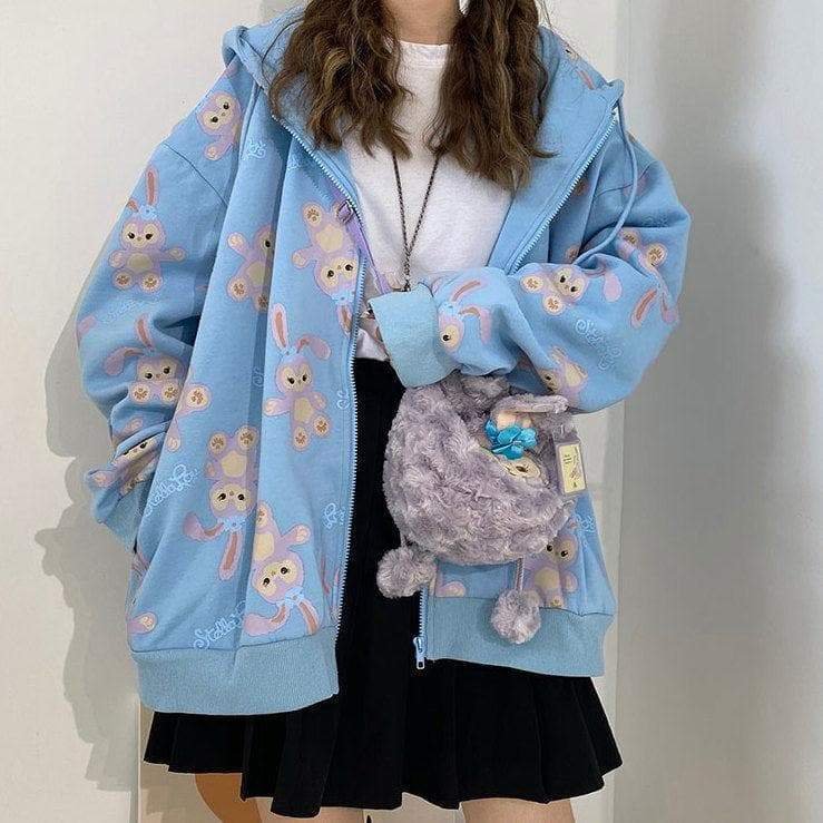 Sweet Cute Rabbit Print Zip-up Hoodie Coat SP15646