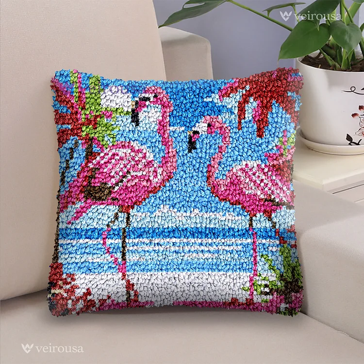 Two Flamingos On The Beach Latch Hook Pillow Kit for Adult, Beginner and Kid veirousa