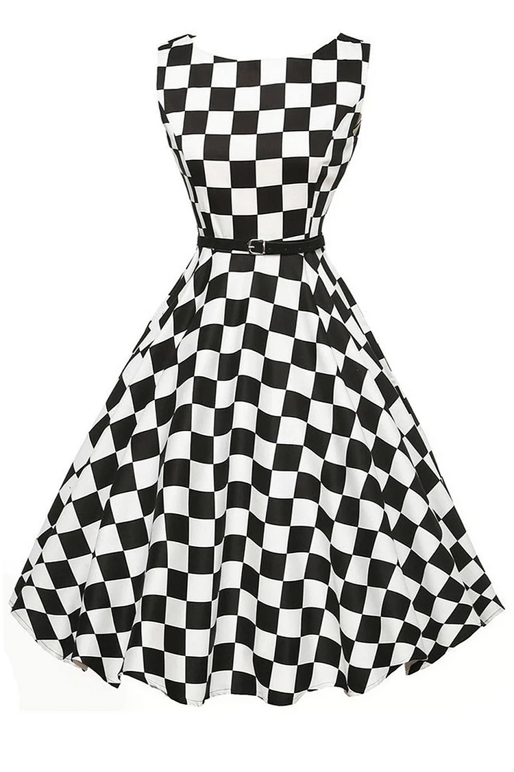 1950s Black White Casual Plaid Round Neck Sleeveless Fitted Waist Swing Midi Dress (With Belt)