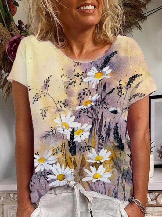 Bestdealfriday Vintage Cotton Blend Floral Print Short Sleeve Shirts Tops