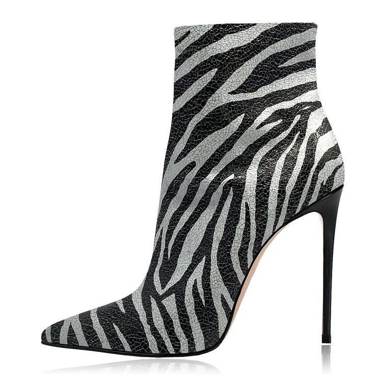 Black & White Zebra Print Pointed Toe Stiletto Heel Ankle Boots |FSJ Shoes