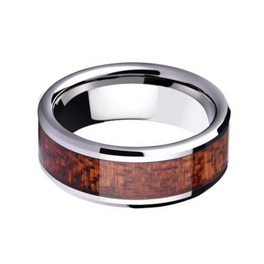 Flat Tungsten Wedding Rings Wood Inlay 8MM High Polished Comfort Fit For Men