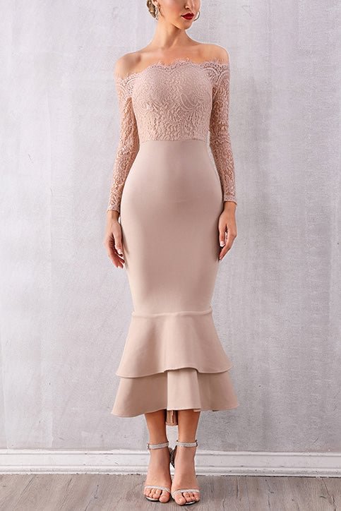 Off-the-shoulder Double-Layered Ruffle Mermaid Lace Dress - Shop Trendy Women's Clothing | LoverChic