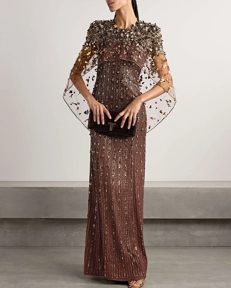 Cape-effect embellished sequined tull gown