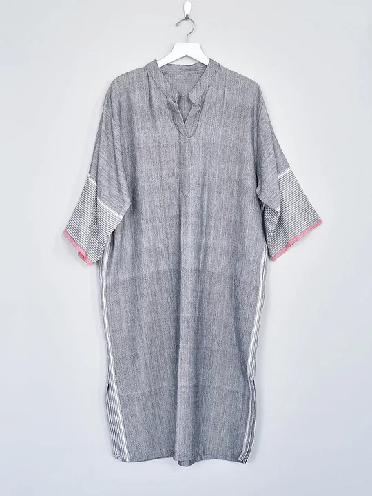 Casual V Neck Stitching Stripe Linen Dress